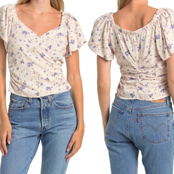 ASTR the Label Linen Blend Floral Ruched Wrap Top - Picture 1 of 10